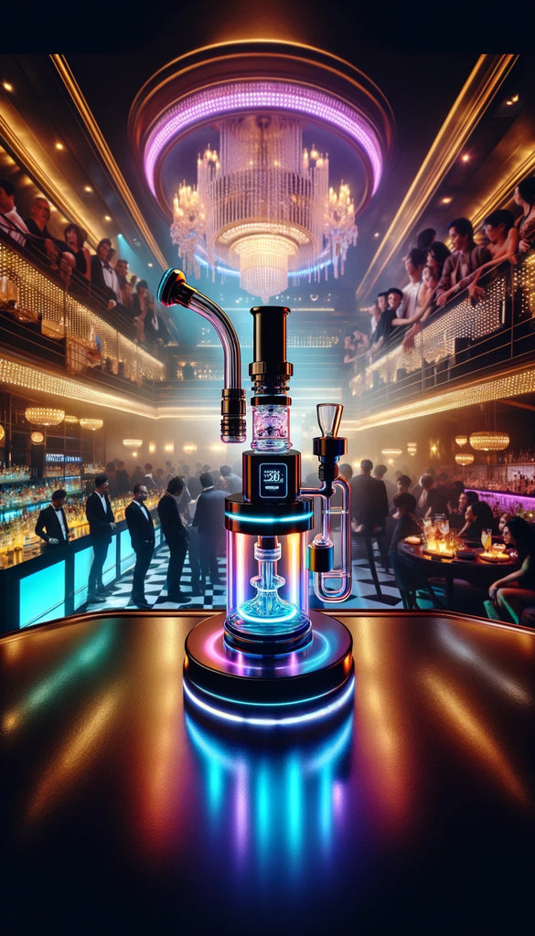 A modern, high-tech vaporizer with a digital temperature display and LED lighting sits on a bar counter, exuding an aura of luxury and sophistication. Above, a grand chandelier hangs, surrounded by concentric neon rings that add a contemporary touch to the opulent setting. The scene is set in a multi-tiered venue with guests engaged in social activities, bathed in the warm glow of ambient lighting. The atmosphere of the venue is lively and upscale, with patrons dressed in evening attire, suggesting an exclusive event or a high-end nightclub.