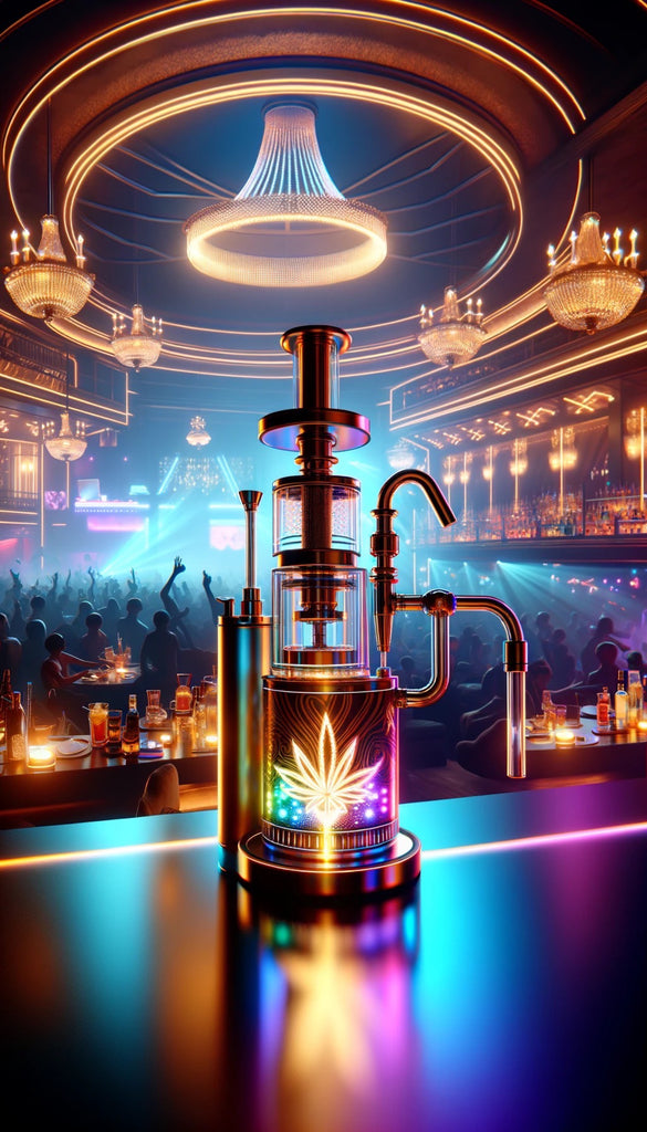 A vibrant and colorful scene unfolds within a nightclub, where a sophisticated, gold-toned vaporizer adorned with a luminescent cannabis leaf design stands prominently on the bar counter. Above, an array of extravagant chandeliers and neon light rings create a luxurious and electrifying atmosphere. In the background, a crowd of partygoers raises their hands, enjoying the energetic ambiance, while an array of drinks and cocktails scattered across the bar add to the festive nightlife setting.