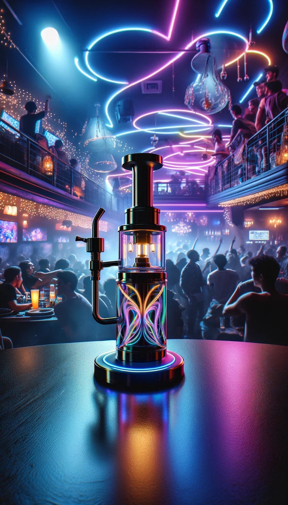 This image shows a sleek, modern vaporizer placed on a bar with a glowing neon ambiance in the background. The vaporizer is designed with clear glass that allows you to see its inner workings, which are illuminated by a soft light. Around the base and the main body of the vaporizer, there are swirling patterns that give off a neon-like effect, glowing in hues of pink, blue, and purple. The backdrop is a lively bar scene, with people socializing and enjoying themselves. The bar has a futuristic vibe, with various neon lights crisscrossing the ceiling and walls, casting a vibrant glow on the patrons. The atmosphere suggests a high-energy, nightlife setting.