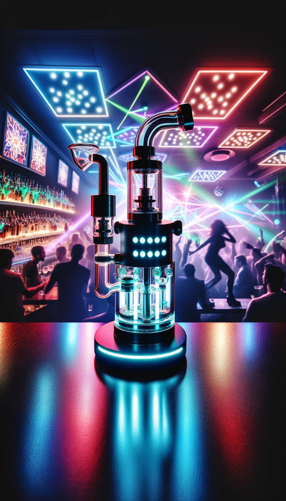 This image features an advanced, high-tech vaporizer at the forefront, placed on a surface that reflects its blue and red neon lights. The vaporizer has a sturdy, industrial design with transparent chambers that reveal the inner mechanics, backlit by a series of blue LED lights. Attached to it are metallic, curved pipes, and a glass component resembling a funnel. In the background, the scene is alive with vibrant activity in what appears to be a nightclub. The ceiling is adorned with colorful neon lights in geometric shapes, like arrows and diamonds, enhancing the electric atmosphere. Silhouettes of people can be seen at the bar and on the dance floor, with one person dancing energetically in the crowd, suggesting a dynamic, energetic nightlife environment.