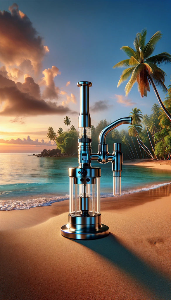 The image showcases a high-end vaporizer with a metallic finish and glass components, standing on a sandy beach at sunset. The vaporizer is intricately designed with multiple tubes and a digital display, reflecting the advanced nature of the device. In the backdrop, the warm glow of the setting sun bathes the sky in orange and pink hues, casting a tranquil light on the gentle waves lapping at the shore. Lush palm trees frame the scene, suggesting a tropical paradise. The serene beach setting contrasts with the modernity of the vaporizer, combining natural beauty with human innovation.