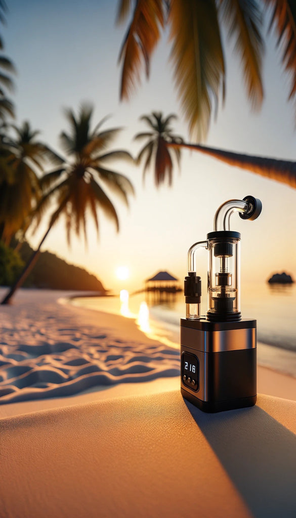 The image features a sleek, modern vaporizer with a clear glass top and digital temperature readout, placed prominently on a tranquil beach as the sun sets. The black body of the vaporizer contrasts with the warm tones of the sand. The sunset casts a golden hue over the scene, with the sun reflecting off the calm ocean waters. Palm trees sway gently in the background, silhouetted against a softly glowing sky, adding to the ambiance of a peaceful tropical evening. The vaporizer is positioned in the foreground, suggesting a relaxed lifestyle intertwined with the enjoyment of nature’s beauty.
