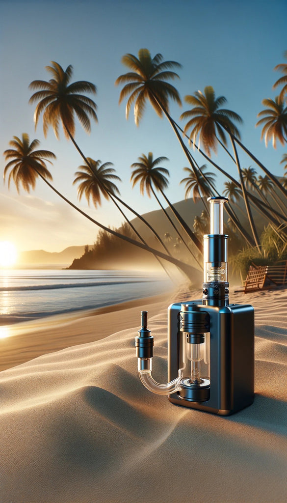 The image displays a vaporizer sitting on a sandy beach during sunrise or sunset. The vaporizer has a metallic body with a glass chamber and is attached to a secondary component via a curved glass tube. In the background, there's a serene view of the ocean, with waves gently lapping at the shore and a row of palm trees bending towards the sea, silhouetted against a sky with hues of orange and blue. The shadows and light play across the sand suggest the tranquility of early morning or late afternoon. A single wooden deck chair can be seen in the distance, adding to the peaceful and vacation-like atmosphere of the scene.