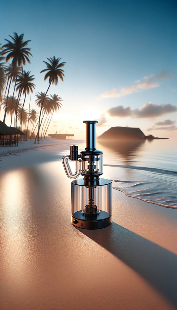 The image shows a sleek, modern vaporizer placed on a sandy beach with a picturesque tropical backdrop. The vaporizer is composed of reflective metallic surfaces with a glass section and a black base, indicating a sturdy and premium build. In the background, the soft glow of the sun setting or rising creates a gradient sky of blues and oranges, silhouetting several palm trees and casting a warm light on the scene. Gentle waves touch the shore, and a small hill or island is visible in the distance, contributing to the serene and idyllic setting. The vaporizer is positioned prominently in the foreground, suggesting a relaxed and leisurely ambiance.