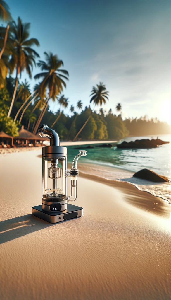 The image features a vaporizer with a clear glass chamber and metallic accents placed on a pristine beach. The vaporizer has a curved mouthpiece and stands on a digital base, indicating it has temperature control. The beach setting is tranquil, with palm trees and tropical foliage in the background. The sun is low in the sky, casting a soft, golden light across the scene and highlighting the gentle waves washing ashore. The composition of the image suggests a peaceful, leisurely atmosphere, with the vaporizer positioned as the focal point against the natural beauty of the beachscape.