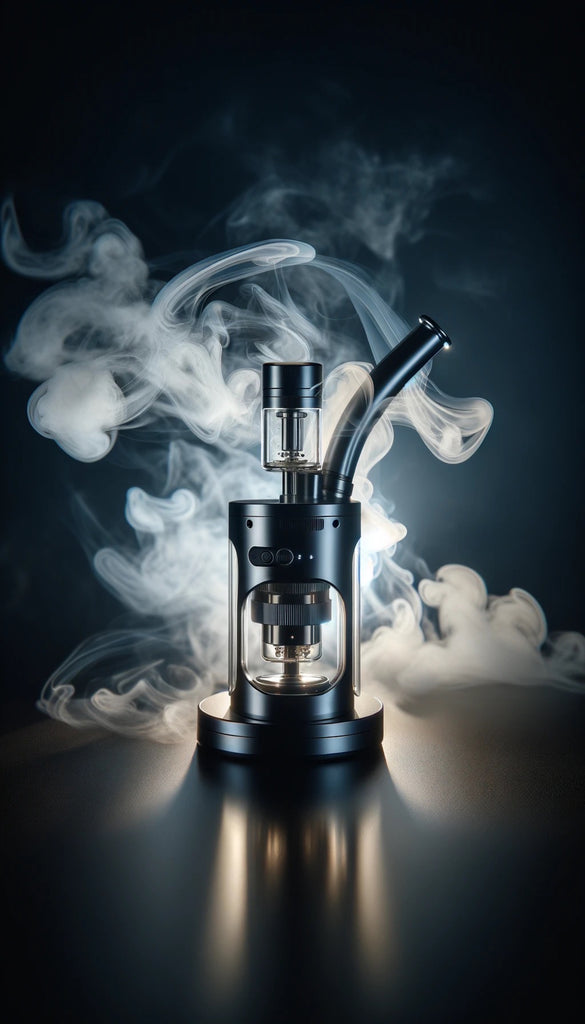 The image shows a modern, cylindrical vaporizer with a sleek black finish and metallic accents, emitting swirls of vapor that gracefully rise around it, creating a mesmerizing effect. The vaporizer stands on a reflective surface, which casts a soft glow and highlights its silhouette. It features a clear glass section at the top, through which the inner workings can be seen, and a curved mouthpiece extending from it. The device has a sturdy base, and there are visible controls and possibly power indicators on its body, which suggest it's turned on. The backdrop is dark, focusing attention on the vaporizer and the ethereal smoke, which gives the scene an air of tranquility and sophistication.