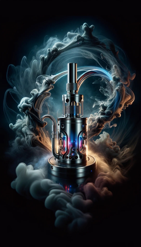 The image showcases an intricate vaporizer with an elaborate design against a dark backdrop. It's constructed with a combination of metallic and glass elements, and is illuminated with vibrant neon blue and red lights that give it a futuristic appearance. The vaporizer emits a dense, swirling cloud of smoke that artistically envelopes the device, enhancing its visual appeal. The smoke's fluid patterns create an almost mystical atmosphere around the vaporizer. The device sits on a flat surface, reflecting some of the light and colors, adding depth to the composition. The smoke and the illuminated details on the vaporizer are the focal points of this image, conveying a sense of advanced technology and design sophistication.