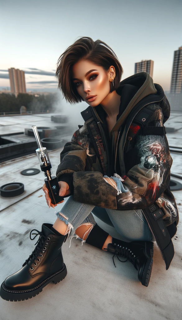 The image depicts a person sitting on what appears to be a rooftop with a cityscape in the background during what seems to be either sunrise or sunset, given the soft light in the sky. The person has short, styled hair and is wearing a heavy, multi-textured jacket with a camouflage pattern and graphics, layered over a black garment. They are holding a vaporizer with a prominent glass component in their right hand. Their attire is completed with ripped, skinny denim jeans and chunky, black lace-up boots. The overall aesthetic of the image is modern and edgy.