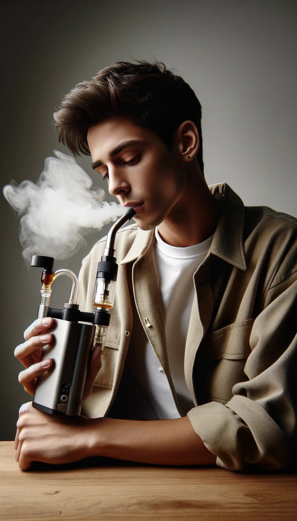 The image features a profile view of a person sitting at a wooden table, exhaling vapor from a vaporizer. The individual has a stylish, voluminous hairdo and is wearing a beige overcoat over a white shirt. The vaporizer is large and metallic, with a clear section containing a yellowish liquid, and two glass mouthpieces through which the person is inhaling. The background is neutral and gradient, focusing the attention on the subject. The lighting accentuates the contours of the person's face and the vapor's texture, giving the scene a serene and contemplative atmosphere.