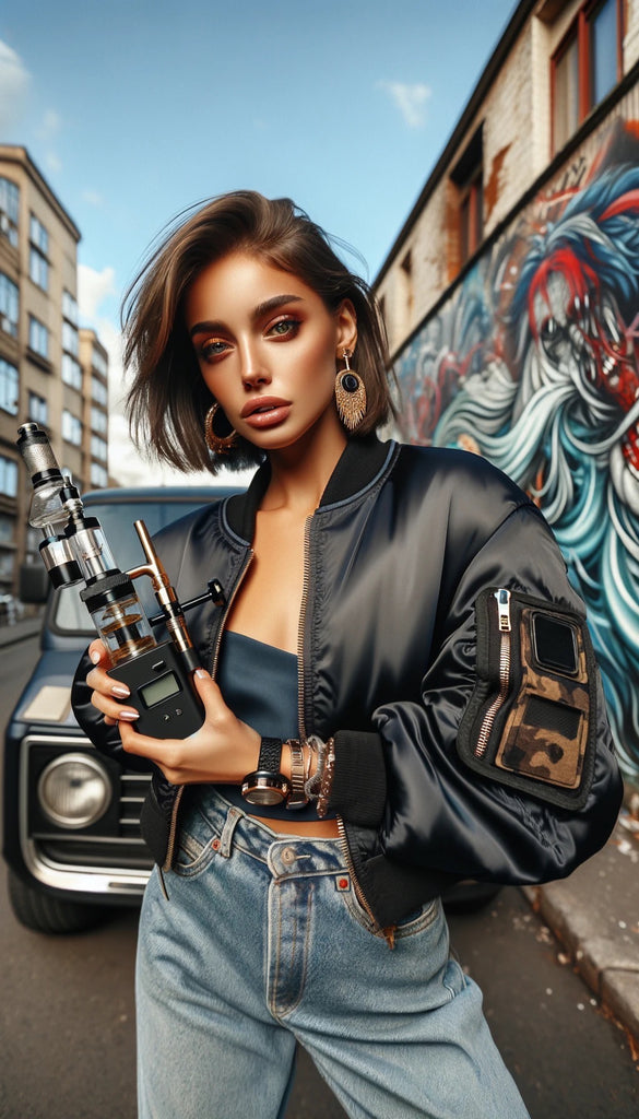 A woman with medium-length brown hair and striking makeup stands in front of a graffiti-covered wall. She wears large hoop earrings, multiple bracelets, and rings, and is clad in a stylish bomber jacket with a fur-lined collar and a camouflage patch, along with high-waisted blue jeans. In her hands, she holds a large, elaborate vaporizer with a digital display, and her pose suggests confidence and casual poise. Behind her is the hood of a vintage car, contributing to the urban, edgy atmosphere of the image.