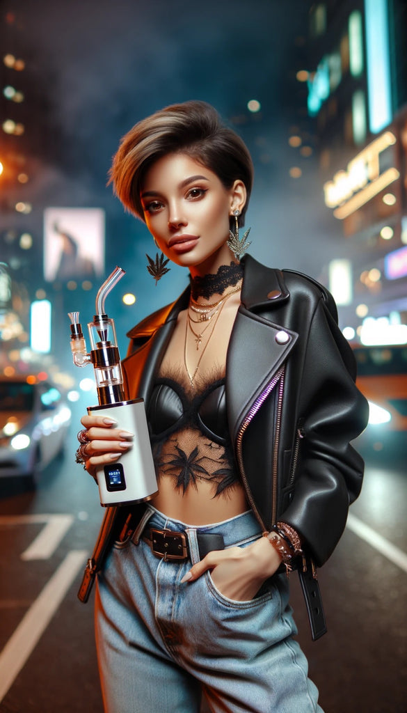 A woman with a trendy short hairstyle and glamorous makeup poses in a city at night. She wears striking jewelry, including large leaf-shaped earrings and layered necklaces, and a sheer lace top under a black leather jacket. Her high-waisted jeans complement a daring and edgy look. She holds a sophisticated vaporizer with a digital readout, which she grips confidently with manicured hands adorned with multiple rings. The city lights blur in the background, creating a vibrant, cosmopolitan backdrop.