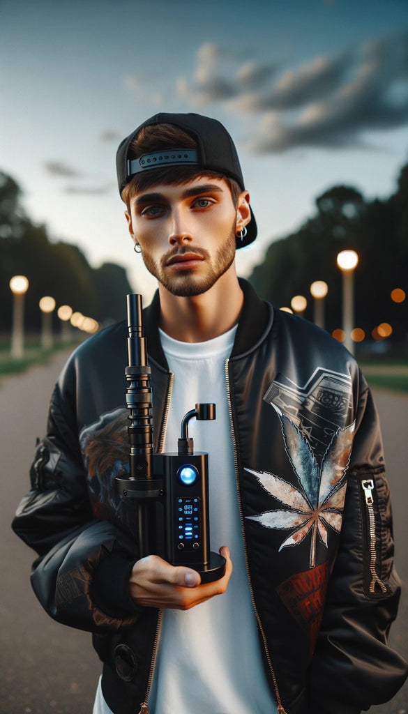 The image features a young man with a beard and a pierced ear, wearing a backwards baseball cap and a bomber jacket with a graphic design on the front. He holds a large, complex vaporizer with a digital display and multiple buttons, indicative of advanced functionality. His focused expression and the vaporizer in hand suggest a casual yet deliberate stance. The setting is outdoors during twilight, with street lamps illuminating the background, creating a warm ambiance that contrasts with the cool tones of the evening sky.