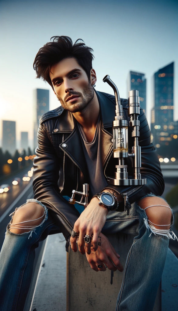 The image shows a stylish young man sitting on a concrete barrier with a cityscape in the background. He sports a tousled hairstyle and a beard, with a leather jacket over a v-neck shirt, ripped jeans, and accessorized with multiple rings and a chunky wristwatch. In his lap, he holds an intricate vaporizer with visible gears and a clear tank, alongside a smaller device. His gaze is directed off-camera, lending an introspective mood to the urban sunset scene.
