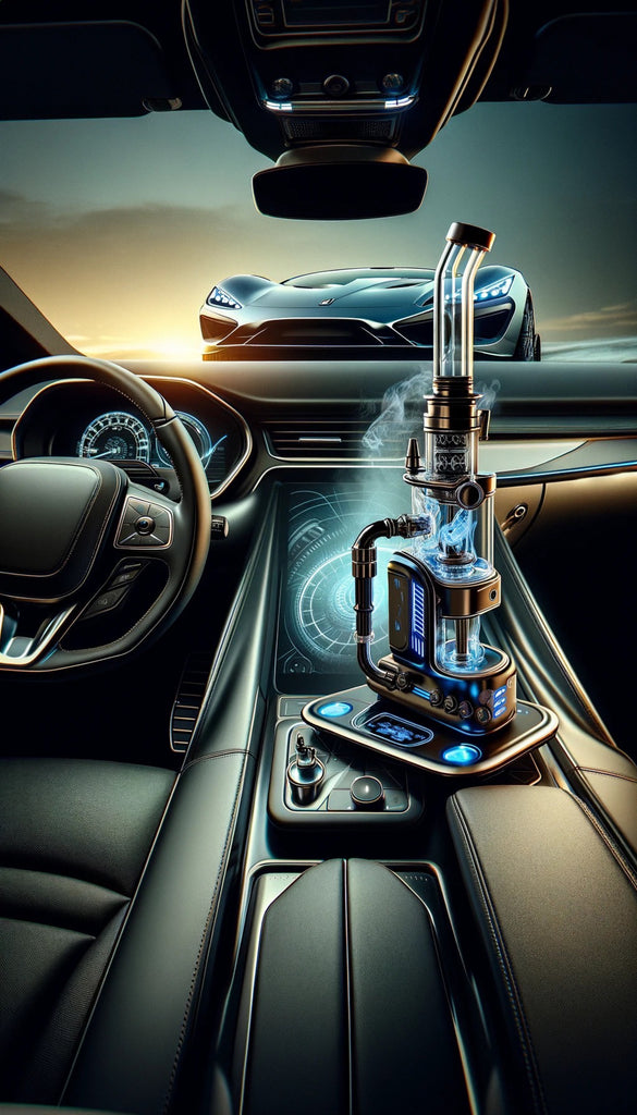 The image depicts a sophisticated interior view of a luxury car with a high-end vaporizer placed prominently on the center console. The vaporizer has a futuristic design, with digital displays, illuminated blue lights, and a clear glass section through which smoke is visible, indicating its operation. The car's dashboard boasts modern, sleek curves with leather detailing, and the steering wheel features elegant stitching and metallic accents. In the foreground, a gear shift and various control buttons are visible, with a holographic-like display emanating from the console. Through the windshield, the silhouette of a sports car is visible against a sunset sky, suggesting a high-tech, opulent driving experience.