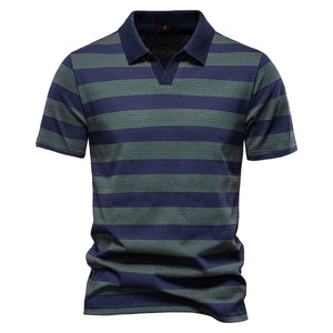 Knit V-Neck Short Sleeve Striped Polo Shirt - HA Closet