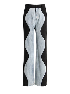 High Waisted Wide Leg Jeans with Side Contrast Panels - HA Closet