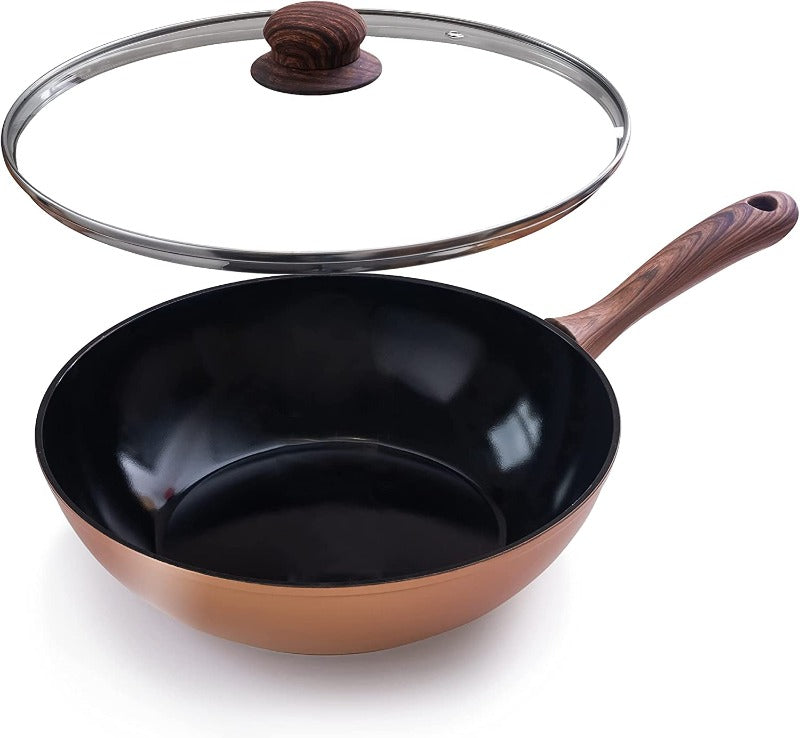 T-fal G261+F53619 Frying Pan, 11.0 inches (28 cm), Deep Type, Wok,  Compatible with Gas Stoves, Induction Cocoa Brown, Wok Pan, Non-Stick, Brown