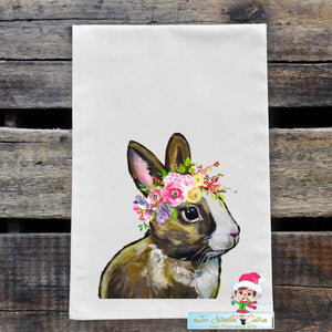 Dark Brown Bunny with Spring Flowers Flour Sack Towel/ Tea Towel