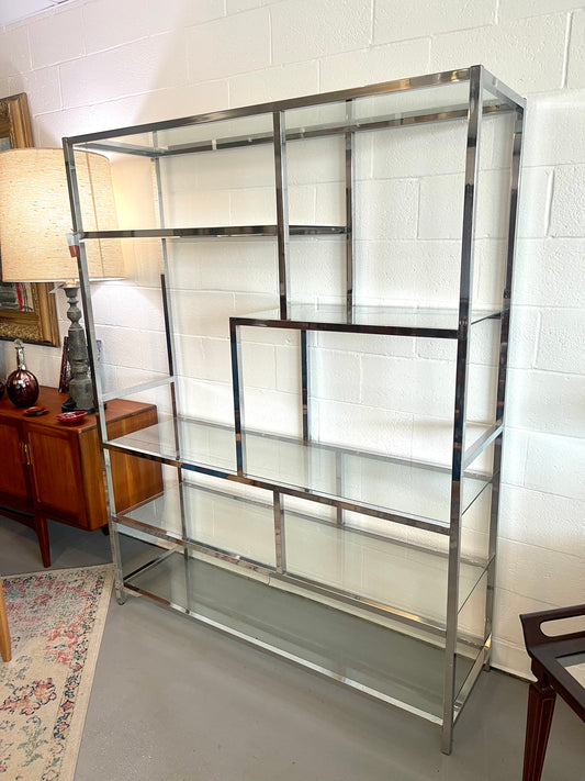 Flat Bar Chrome and Glass Etagere in the Manner of Milo Baughman