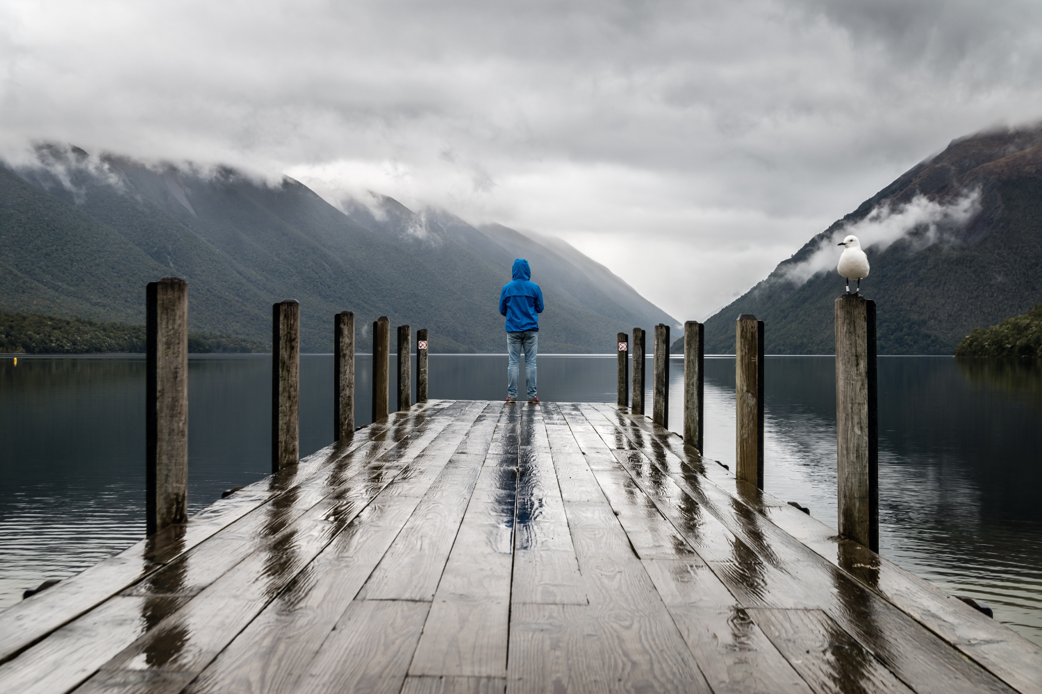 man stands at the end of a wooden dock looking out over a lake at a mountain range