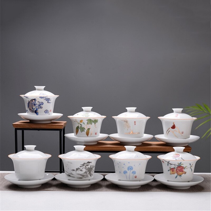150ml Chinese Hand-Painted White Bone Ceramic Teacup Tureen Single Vintage Porcelain Gong Fu Tea Gaiwan