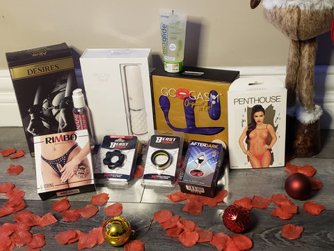 Sex toy hamper featuring dildo, vibrator, penis rings, bodystockings, lubes, anal plugs from Eden's Temple Adult Boutique