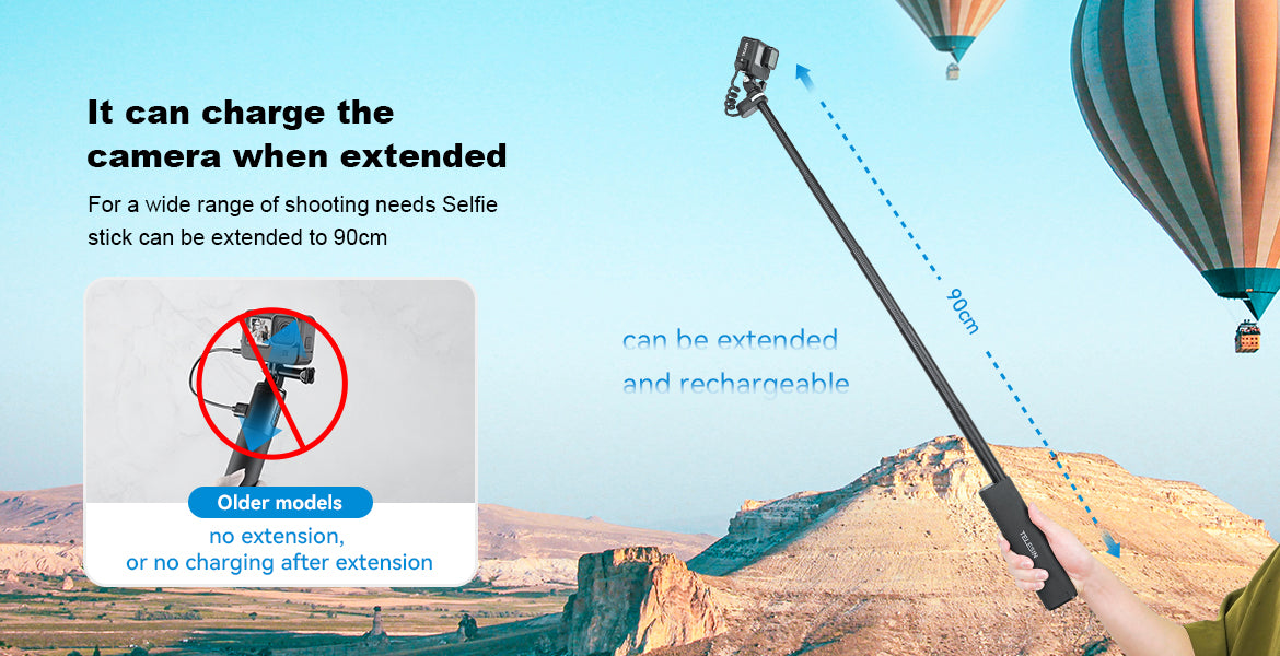 TELESIN 10000mAh Powerful Rechargeable Selfie Stick with USB-C Charging  Cable for Cameras/ Phones