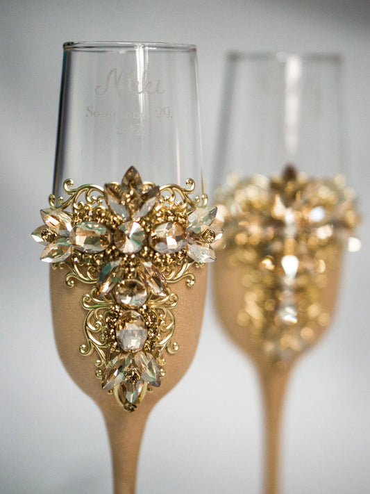 Champagne Flutes Set of 2 Emerald Green and Gold Wedding