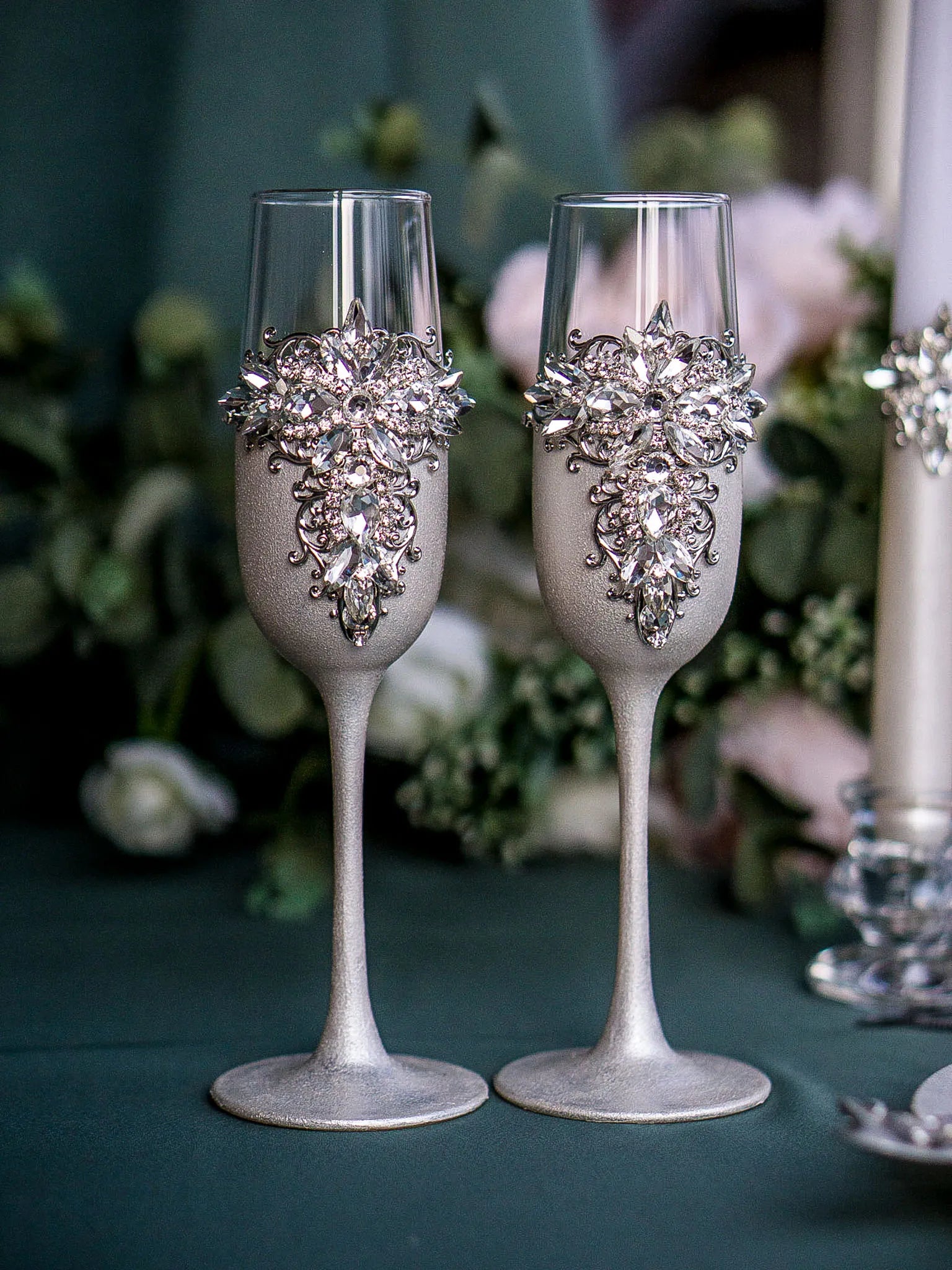 Crystal Navy toasting flutes set of 2. Engraved Wedding glasses for bride  and groom.
