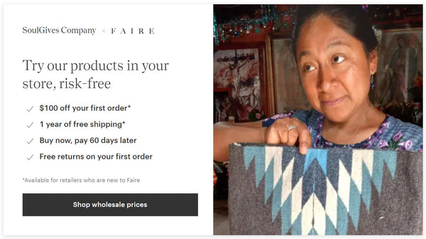 Link to Soulgives page on Faire Wholesale ecommerce website