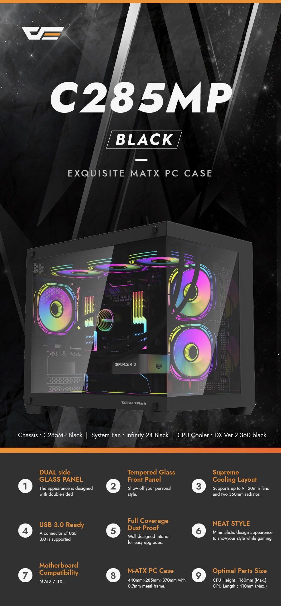 DarkFlash C285MP M-ATX PC CASE Tempered Glass Side Panel without Fan (Black)-2.jpg__PID:52e6a0ad-843e-48da-b95c-43e29678fad8