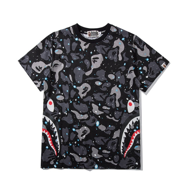 19SS shark head men and women the same cotton T-shirt starry sky luminous short-sleeved bape T-shirt