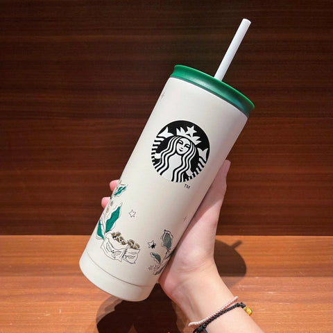 600ml/20oz Classic Green Theme Coffee Making Stainless Steel Straw Cup  (Starbucks Wizard Bear 2022 Collection)
