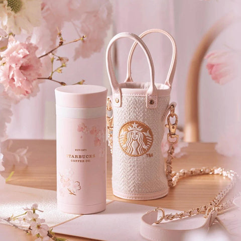 Pink Cherry Blossom Stainless Steel Tumbler with Woven Style Pouch 200ml/6,76oz  (Starbucks China Sakura Cherry Blossom 2022 Collection)