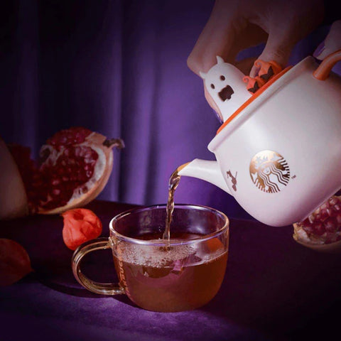 Starbucks Halloween Playful Ghost & Pumpkin Teapot and Glass Cup set