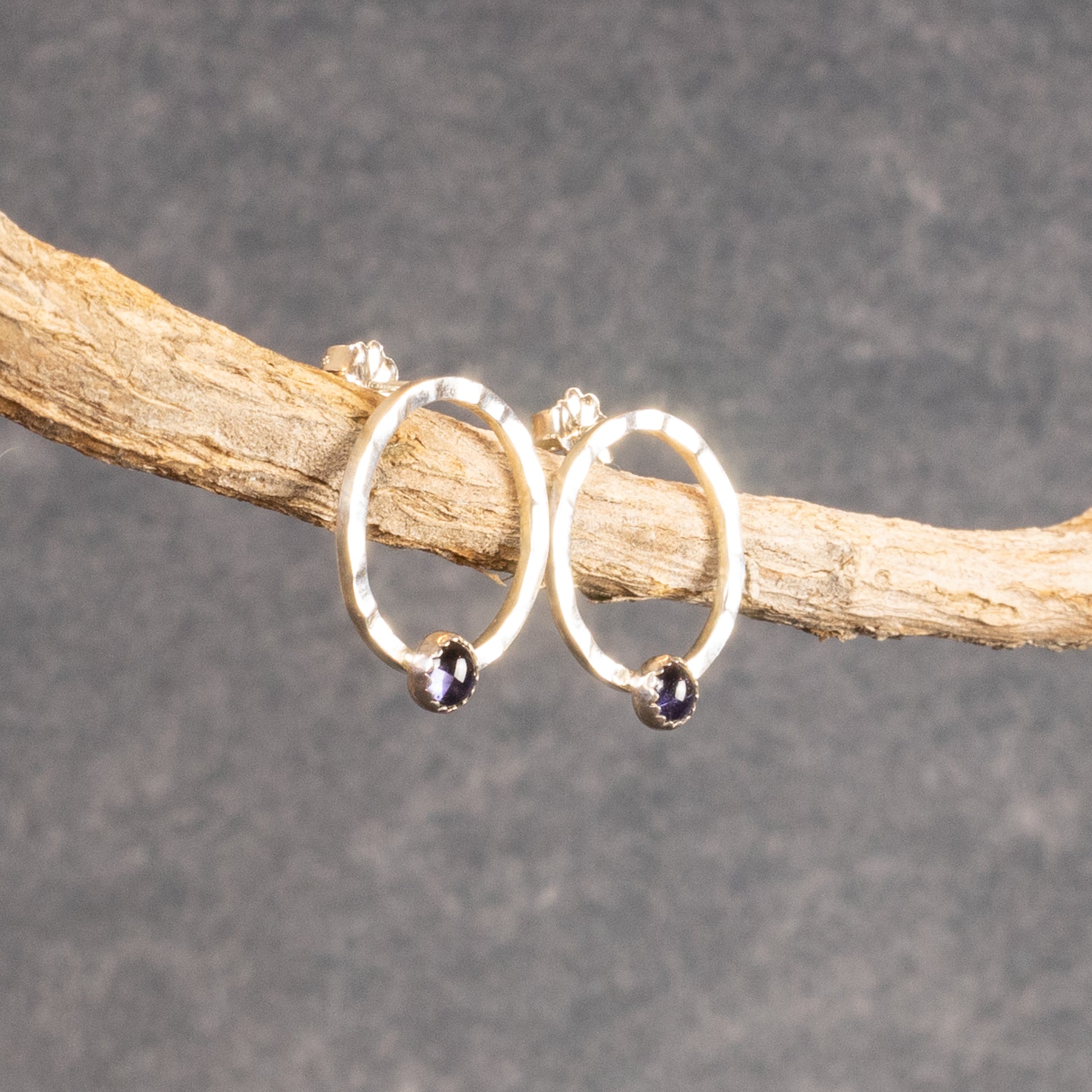 sterling silver 17-mm diameter textured circle earrings, each with a 4-mm iolite cabochon, perched on a tree branch turned to the right for an oblique view