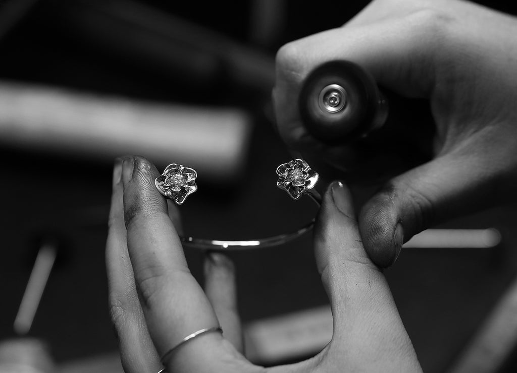 A jeweller works on a Coralline jewellery piece in the Sarah & Sebastian workshop.