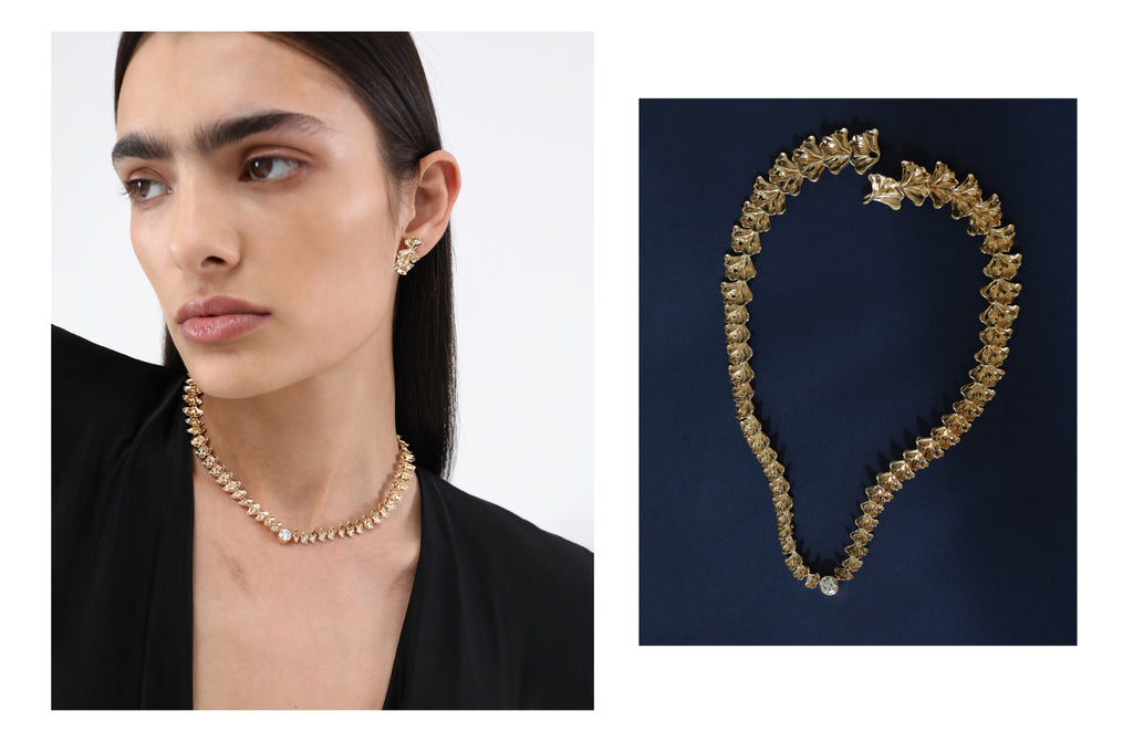 New Xanthe collection collage featuring a model wearing the Xanthe Diamond Chain and a flatlay image of the Xanthe Diamond Chain