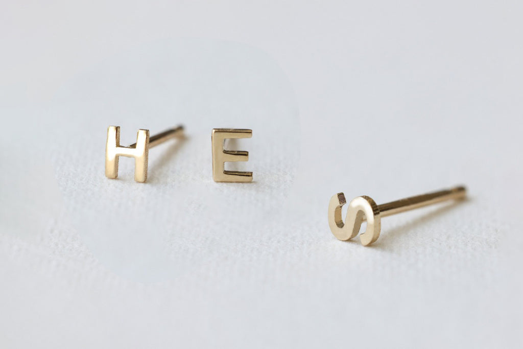 Yellow gold Petite Letter stud earrings by Sarah & Sebastian