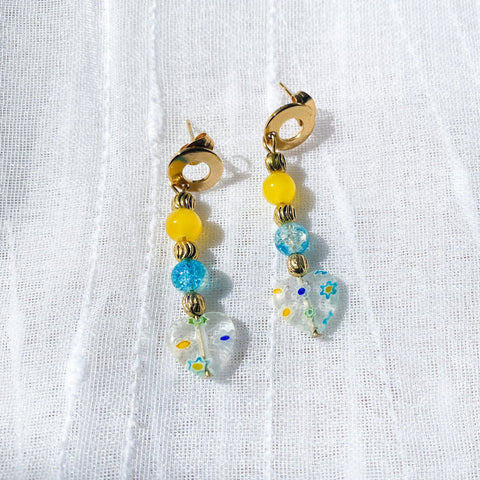 yellow, brass, blue, and clear millefiori earrings