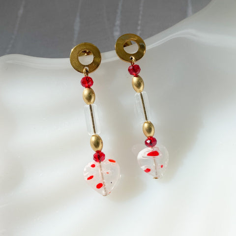 Red, white, and brass millefiori glass earrings