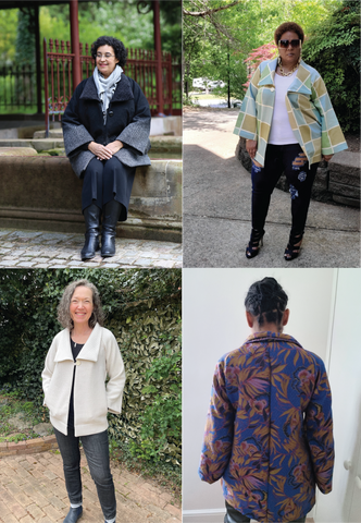 Four images from Positive Space Jacket pattern testers. Clockwise from upper right: in a pastel canvas, worn with a white T-shirt and jeans; back view in a tapestry with fringe at the collar; in a cream coating worn with pants and a shell top; in a heavier gray and black coating, seated, with the bell sleeves shown on the model's lap.