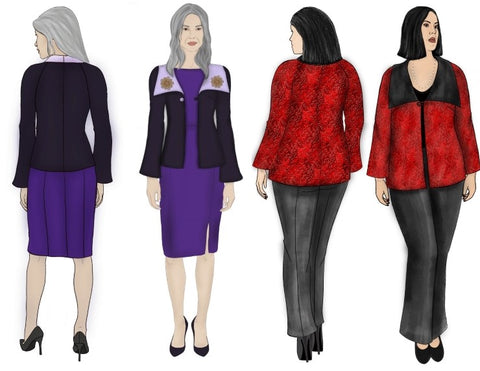 Illustrations of the Positive Space Jacket on two models. View B on a smaller model with gray hair shows the jacket in black with an embellished collar over a purple sheath dress. View A in red brocade is on a larger model, paired with black pants and a shell top.