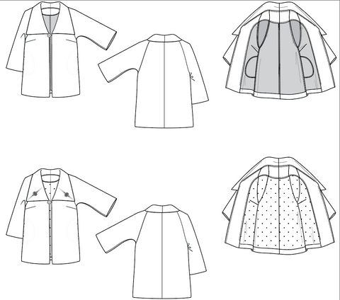 Flat drawings of the Positive Space Jacket, showing the technical details. View A is unlined and has a plain collar, while View B is lined and has an embellished collar. Both jackets have raglan sleeves with a slight bell shape, bust darts, pockets, and a square statement collar that extends across the chest.