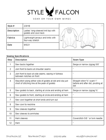 A one-page instruction sheet with a line drawing of the Gorgeous Godet Top with cowl. The instructions provide an order of assembly with seam type. 