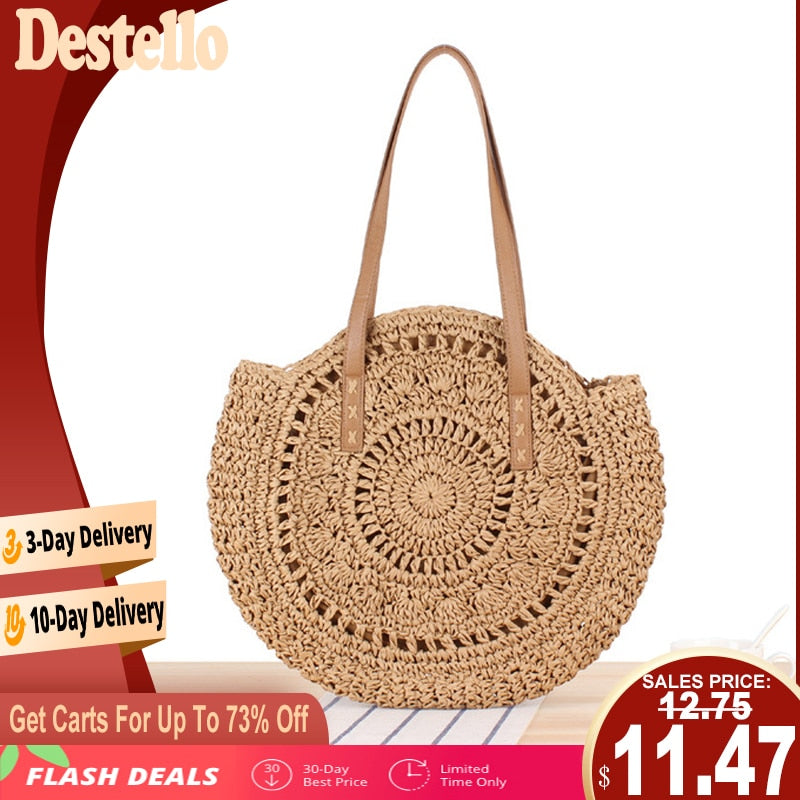 2020 Summer Round Straw Bags for Women Rattan Shoulder Bag Handmade Woven Beach Handbags Female Mess