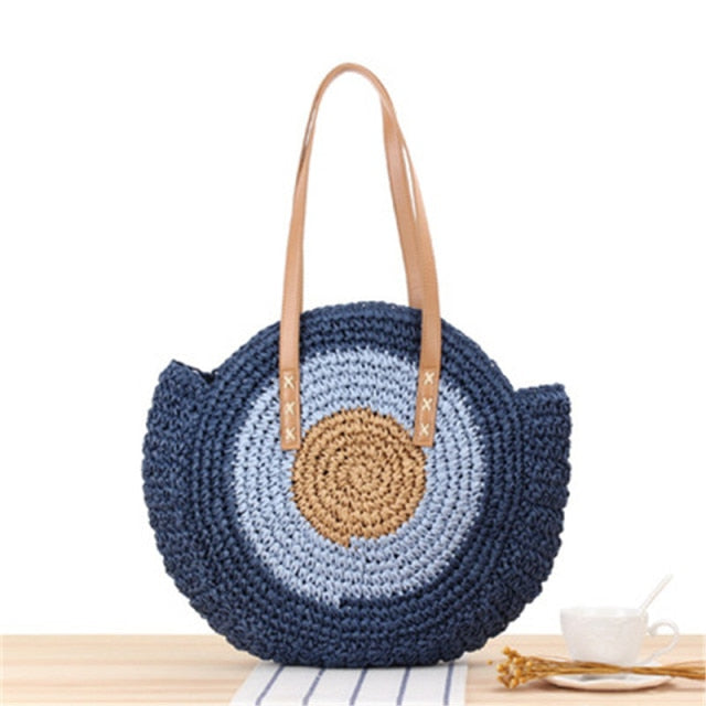 Handmade Woven Summer Beach Round Straw Bags for Women Rattan Shoulder Female 2021 Message Handbag T