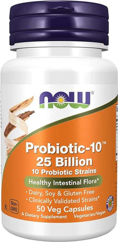 NOW Supplements, Probiotic-10™, 25 Billion, with 10 Probiotic Strains, Dairy, Soy and Gluten Free, Strain Verified, 50 Veg Capsules