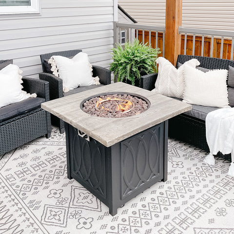 PHI VILLA 32 Inch 50,000 BTU Outdoor Terrafab Square Gas Fire Pit Table With Lid & Lava Rocks & PVC Cover