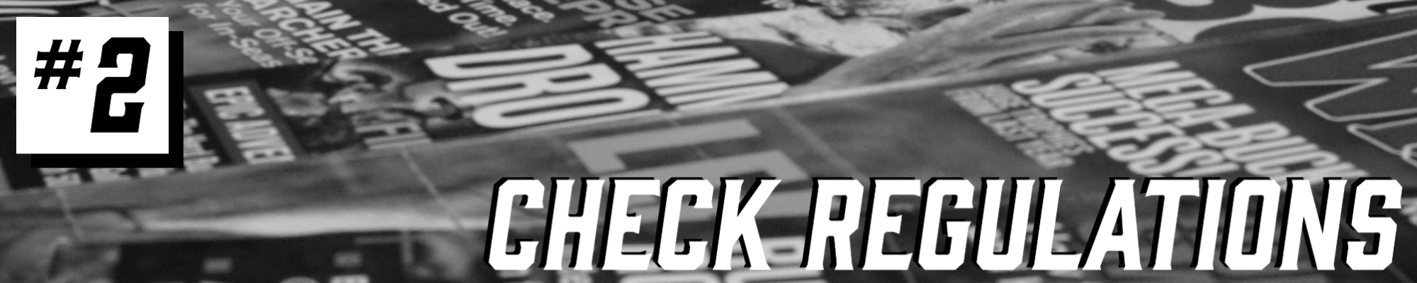 Text on image saying, "Number 2, check regulations." Image of a grayscale set of magazines.  